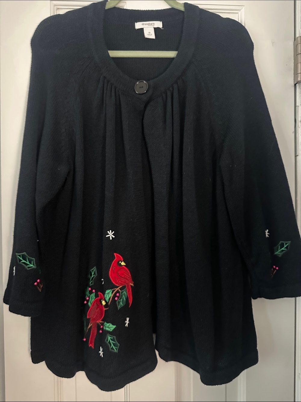 dressbarn Black Cardigan Sweater with Red Cardinal Embroidery